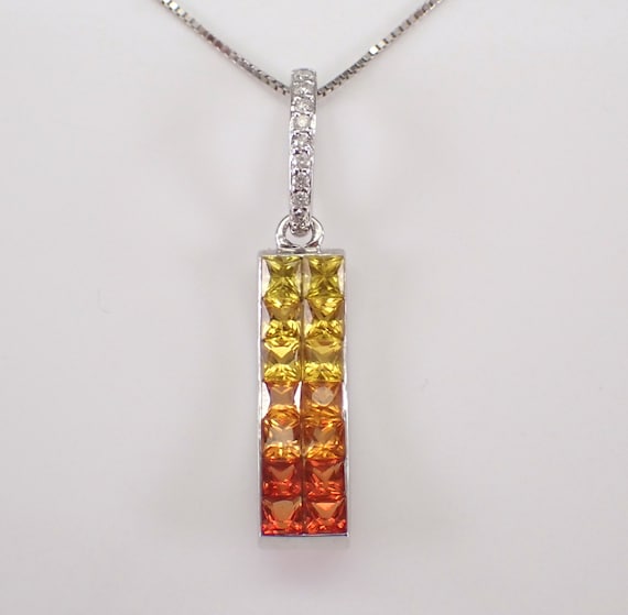 14K White Gold Multi Color Sapphire Necklace - Yellow and Orange Princess Cut Gemstone Charm - Diamond Drop Charm Setting on Box Chain