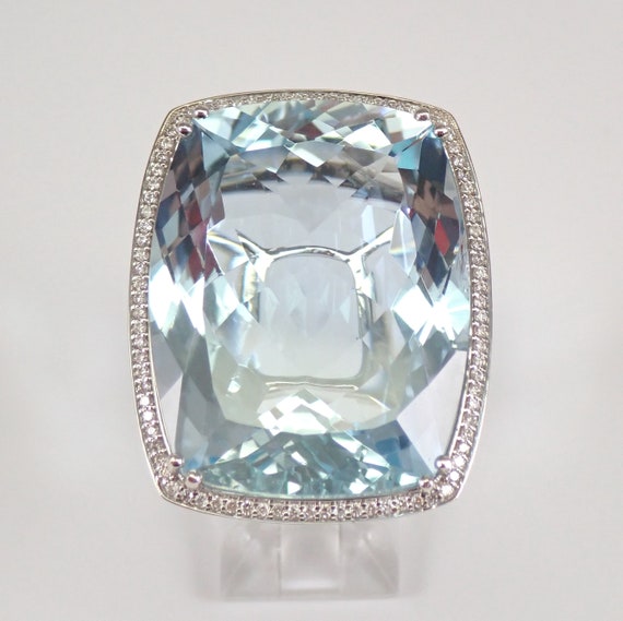 Large Aquamarine and Diamond Ring - 14K White Gold Dainty Halo Setting - Cushion Cut Aqua Marine One of a KIND Fine Jewelry Gift