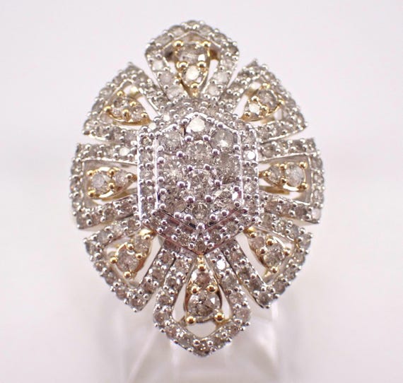 Yellow Gold Diamond Cluster Ring: Large Elongated Two Tone Anniversary Band