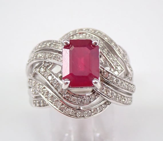 Emerald Cut Ruby and Diamond Engagement Ring, Wide White Gold Rectangular Ruby Right Hand Ring, Size 7 FREE SIZING