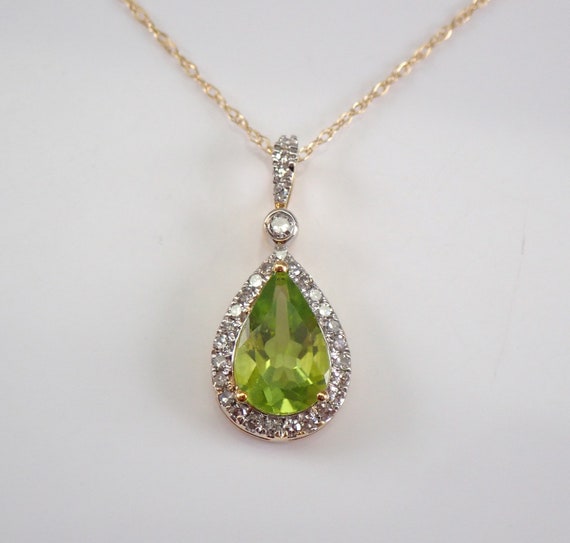 Teardrop Peridot and Diamond Pendant, 14K Yellow Gold Genuine Gemstone Necklace, August Birthstone Jewelry Gift for Her