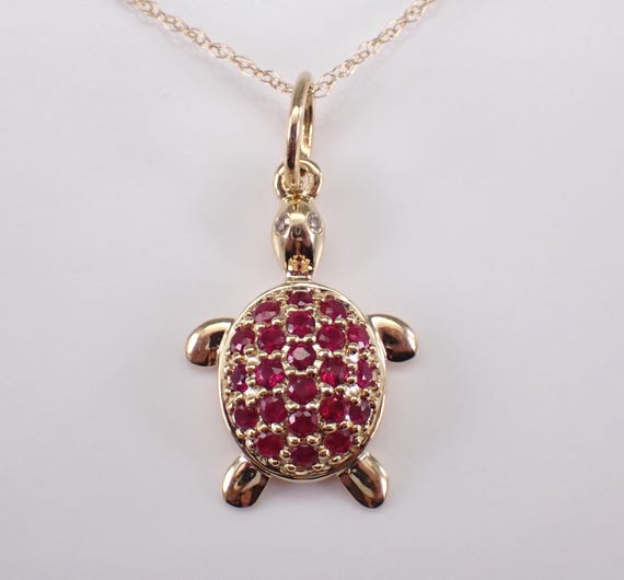 Yellow Gold Ruby Turtle Necklace - Tortoise Charm Pendant and Chain - Unique Dainty Animal Jewelry