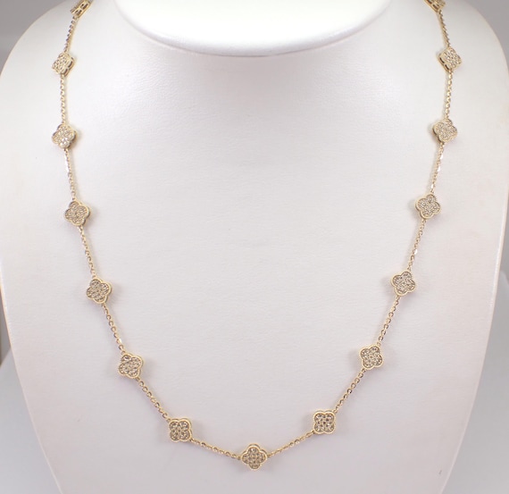 14K Yellow Gold Diamond Tennis Necklace: Clover Cluster Station Choker Chain