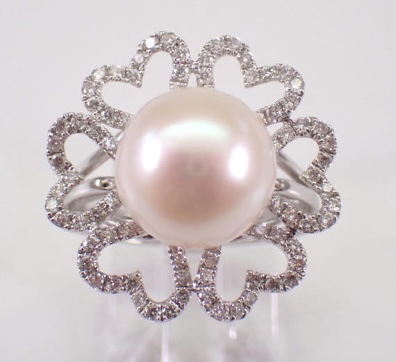 14K White Gold South Sea Pearl and Diamond Ring: Flower Halo Engagement Setting