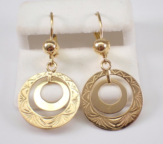 Vintage Gypsy Dangle Earrings, Estate 18K Yellow Gold Double Engraved Circle Drops, Genuine Unique Jewelry Gift