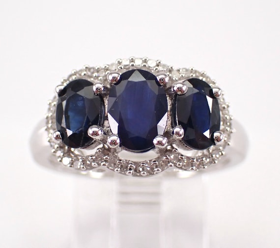 Sapphire and Diamond Engagement Ring, White Gold Three Stone Anniversary Band, September Gemstone Jewelry Gift