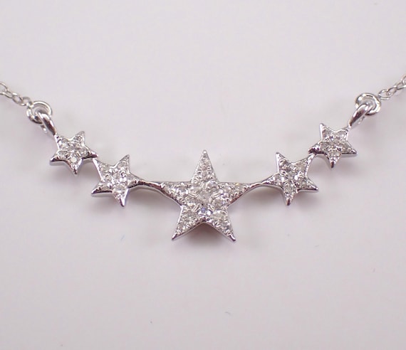 White Gold Diamond Star Station Necklace: Dainty Celestial Pendant Charm and Chain