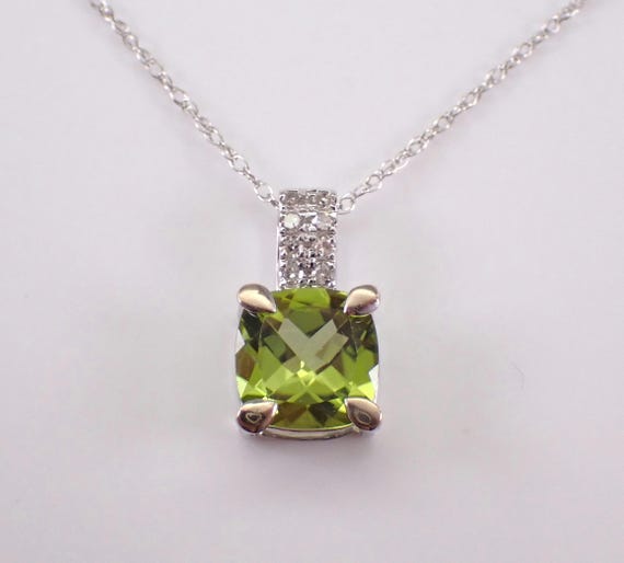 White Gold Peridot Pendant and Chain - Diamond and Gemstone Choker Necklace - August Birthstone Fine Jewelry Gift