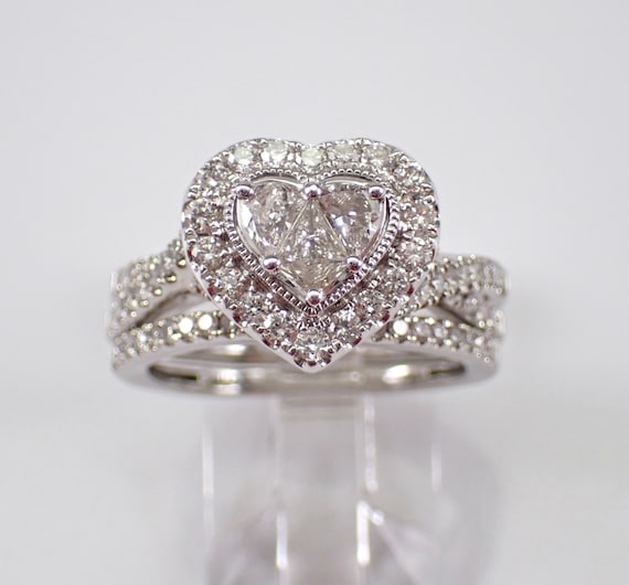 14K White Gold Diamond Heart Engagement Ring Set - Matching Wedding Anniversary Band - Unique Bridal Jewelry Gift