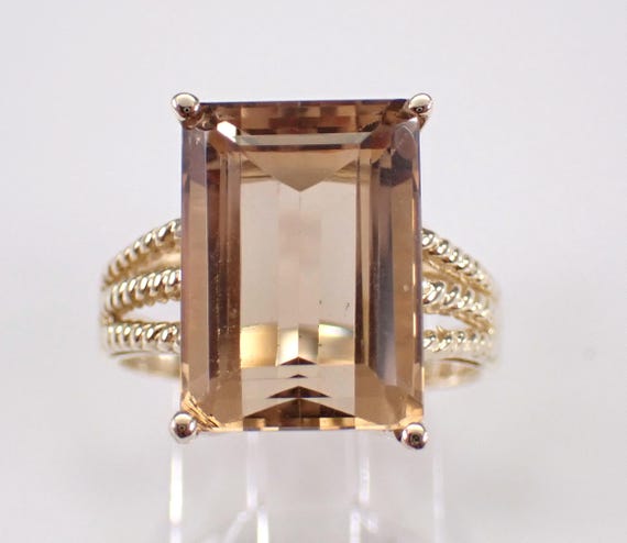 Vintage Yellow Gold Smokey Topaz Ring - Large Brown Quartz Solitaire Gemstone Band