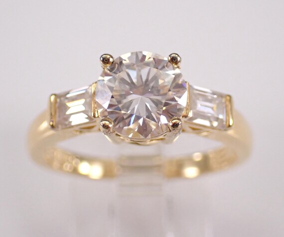 Yellow Gold Plated Sterling Silver Engagement Ring: Round and Baguette Bridal Promise Band