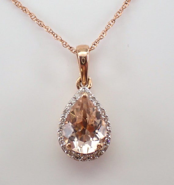 Morganite and Diamond Necklace - Rose Gold Teardrop Charm Pendant and Chain - Bridal Wedding Fine Jewelry Gift