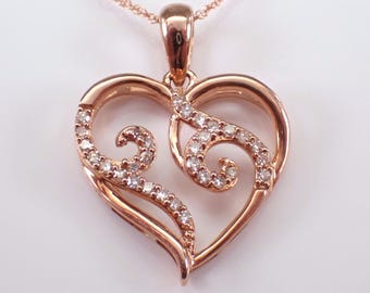 Heart Diamond Charm Pendant and Chain - Solid Rose Gold Unique Drop Necklace - Dainty Pink Fine Jewelry Gift