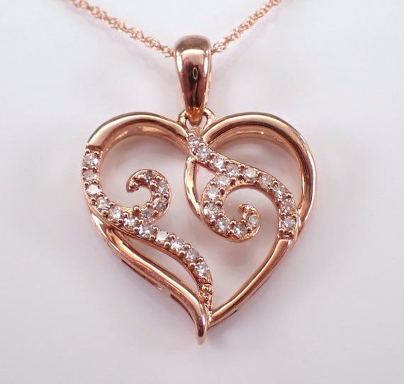 Heart Diamond Charm Pendant and Chain - Solid Rose Gold Unique Drop Necklace - Dainty Pink Fine Jewelry Gift