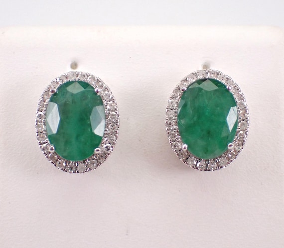 White Gold Emerald Stud Earrings - Diamond Halo Screwback Studs - May Birthstone Fine Jewelry Gift