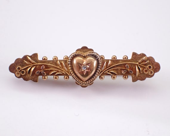 Antique 14k Yellow Gold Diamond Brooch - Rose Cut Heart and Flower Pin - Engraved Edwardian Fine Jewelry Gift