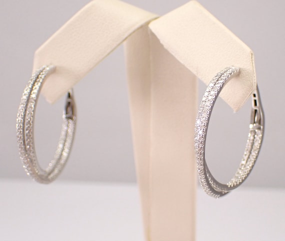 14K White Gold Diamond Hoop Earrings - Unique Crossover Twist Infinity Design - Inside Out Eternity Style Jewelry Gift