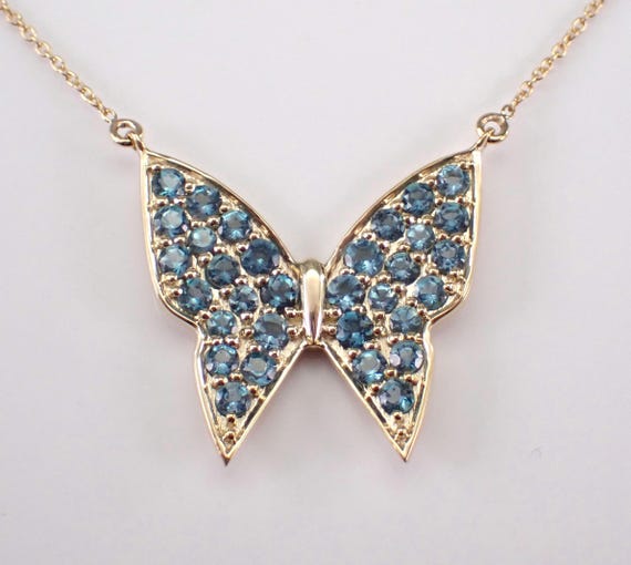 Blue Topaz Butterfly Charm Pendant - Solid Yellow Gold Station Necklace - December Birthstone Fine Jewelry Choker