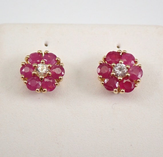 Ruby and White Sapphire Stud Earrings - Yellow Gold Flower Wedding Studs - July Birthstone Jewelry