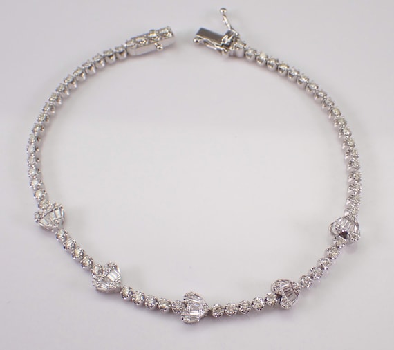 14K White Gold Diamond Heart Tennis Bracelet: Unique Cluster Statement Layering Link