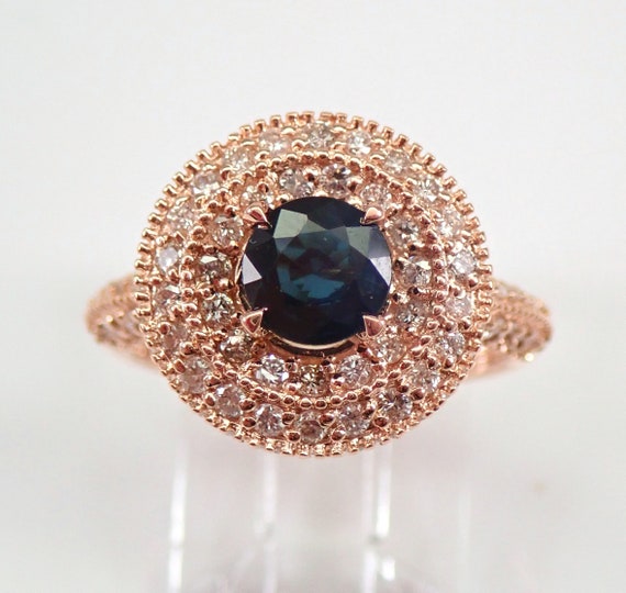 14K Rose Gold Sapphire and Diamond Ring - Pave Set Halo Engagement Setting - Unique Dark Blue Gemstone Bridal Gift