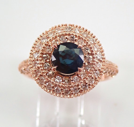 14K Rose Gold Sapphire and Diamond Ring - Pave Set Halo Engagement Setting - Unique Dark Blue Gemstone Bridal Gift