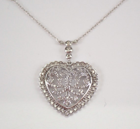 Vintage Diamond Heart Necklace, White Gold Filigree Station Necklace, Decorative Pendant, Wedding Gift for Bride