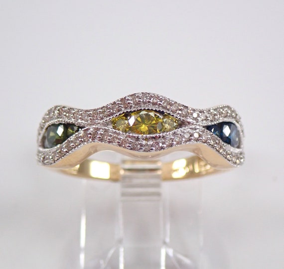 Multi Colored Diamond Wedding Ring, Solid Yellow Gold Anniversary Band, Fancy Canary Blue Green Diamond Jewelry Gift