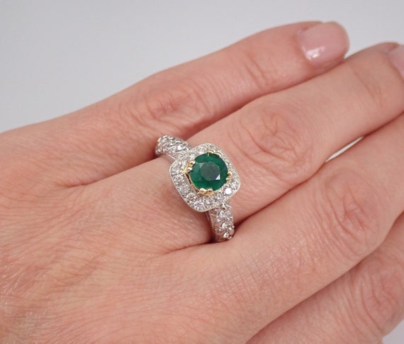 Genuine Emerald and  Diamond Ring - 14K White Gold Bridal Setting - May Birthstone Halo Engagement Ring