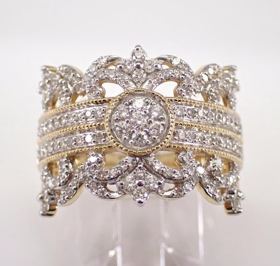 14K Yellow Gold Diamond Anniversary Ring: Two Tone Multi Row Wedding Cigar Band