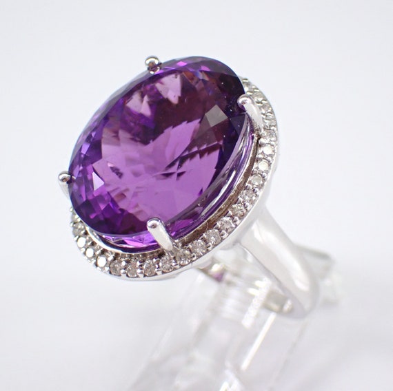 14K White Gold Amethyst and Diamond Ring - Large Gemstone Halo Engagement Setting - February Birthstone Jewelry Gift