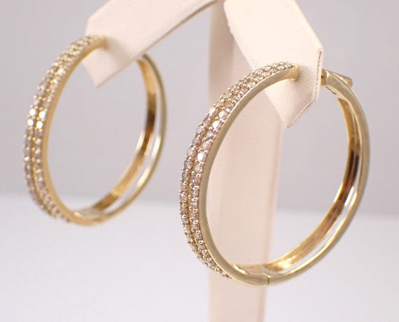 Yellow Gold Diamond Hoop Earrings, Champagne Brown Diamond In and Out Hoops, Large Secure Fine Jewelry Gift