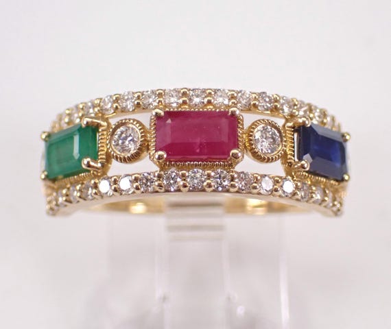 Emerald Sapphire and Ruby Wedding Ring - Yellow Gold Diamond Anniversary Band - Unique Three Stone Gemstone Jewelry