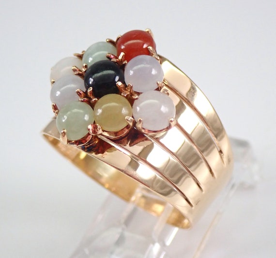 Vintage 14K Yellow Gold Onyx and Jade Ring, Multi… - image 3