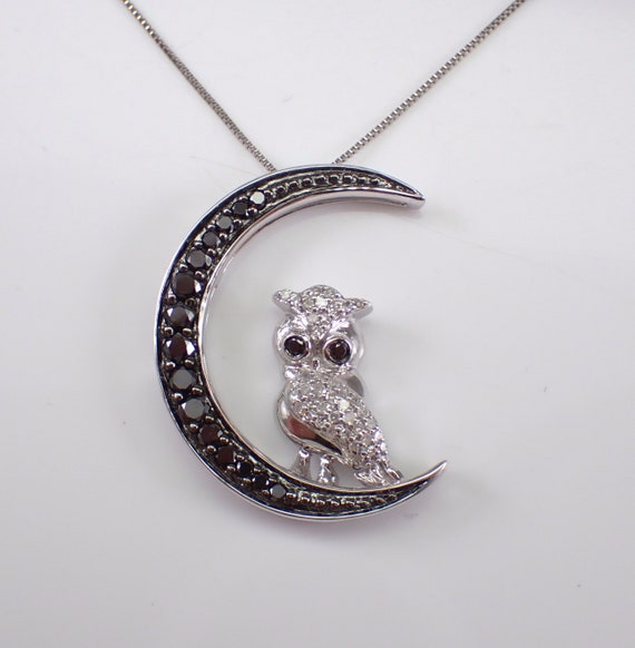 Genuine Black Diamond Owl Necklace - White Gold Crescent Moon Charm Pendant - Animal Choker and Chain Jewelry Gift