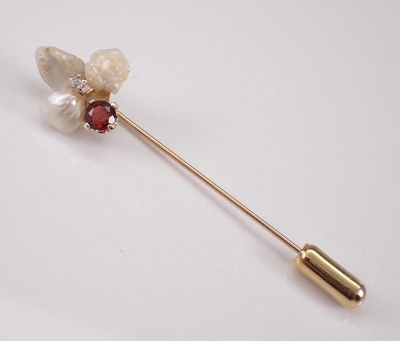 Art Deco 14K Yellow Gold Stick Pink - Antique Old Miner Diamond Brooch - Dainty Victorian Garnet and Pearl Lapel Jewelry