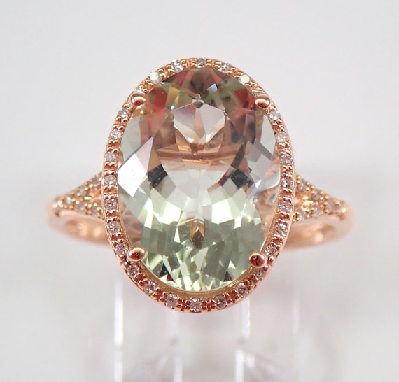 Solid Rose Gold Green Amethyst Ring, Genuine Prasiolite and Diamond Halo Engagement Ring, Unique Gemstone Gift for Women