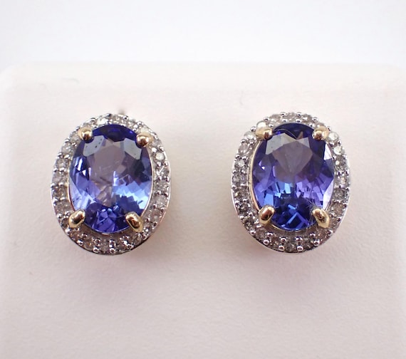 Tanzanite and Diamond Stud Earrings - Yellow Gold Gemstone Halo Studs - December Gemstone Fine Jewelry Gift