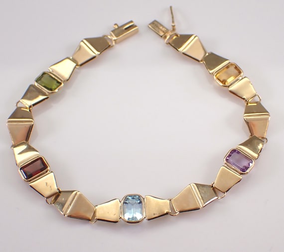 Vintage Multi Color Gemstone Bracelet - 14K Yellow Gold Bezel Set Links - Amethyst Citrine Blue Topaz Garnet Peridot