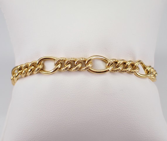 Vintage 14K Yellow Gold Figaro Bracelet - Textured Open Charm Link - GalaxyGems Estate Fine Jewelry Gift