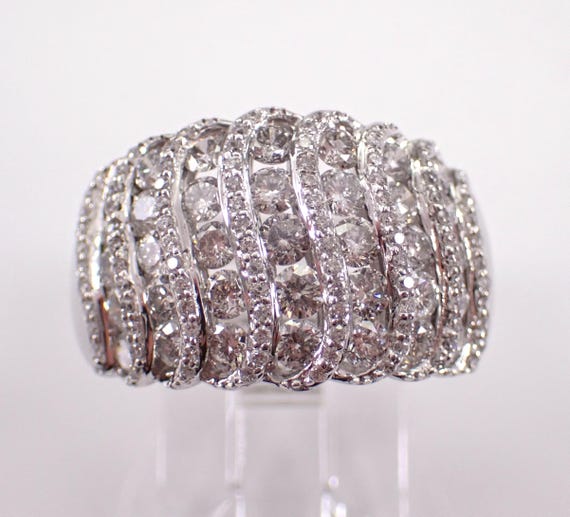 White Gold Diamond Anniversary Ring, Chunky Multi Row Wedding Band, Unique Bridal Fine Jewelry Gift