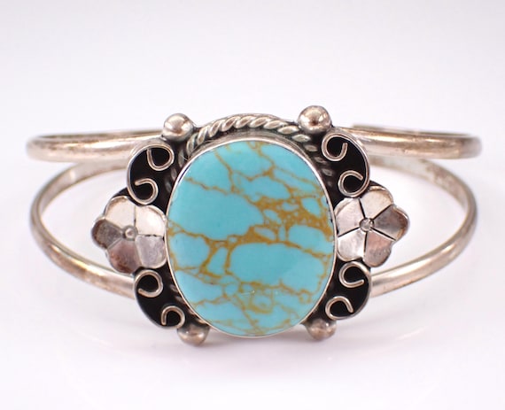 Vintage Sterling Silver Turquoise Bangle Bracelet - Wide Chunky Flower Gemstone Cuff - Unique Estate Jewelry Gift