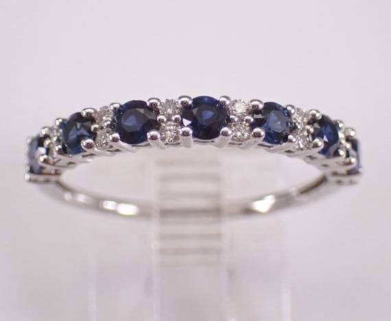 Sapphire and Diamond Wedding Ring, White Gold Gemstone Anniversary Band, September Birthstone Jewelry Gift
