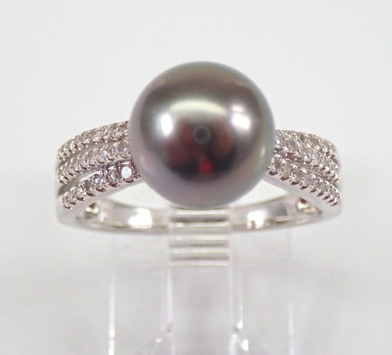 Black Tahitian Pearl and Diamond Ring - 14K White Gold Bridal Engagement Promise - June Gemstone Fine Jewelry Gift