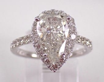 Platinum Diamond Engagement Ring - Teardrop Halo Bridal Promise Band - Unique Fine Jewelry Gift