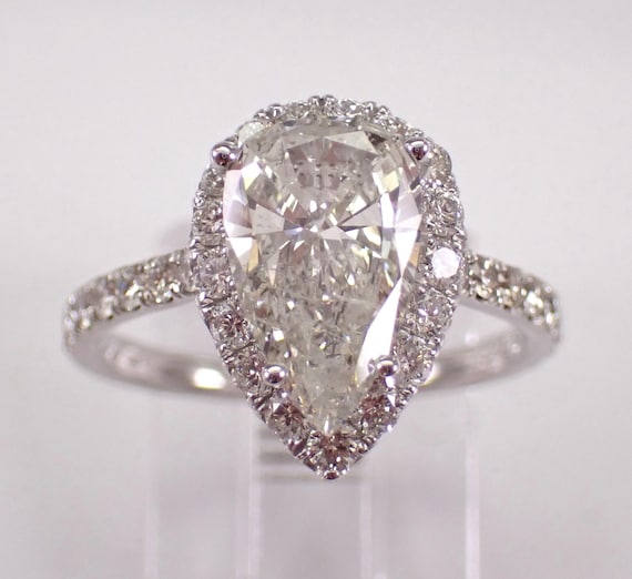 Platinum Diamond Engagement Ring - Teardrop Halo Bridal Promise Band - Unique Fine Jewelry Gift