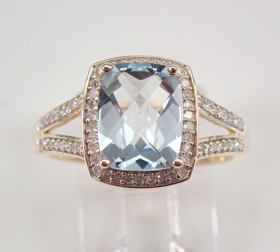 Yellow Gold Aquamarine and Diamond Ring: Halo Engagement Gemstone Setting