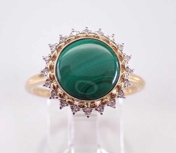 Yellow Gold Malachite and Diamond Ring - Dainty Halo Engagement Setting - Green Gemstone Fine Jewelry Gift