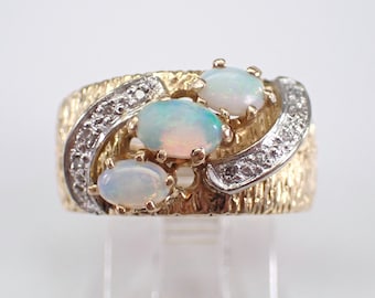 Antique 14K Yellow Gold Opal Ring - Unique Vintage Gemstone Band - Diamond set Accent Stone - GalaxyGems Estate Bridal Fine Jewelry