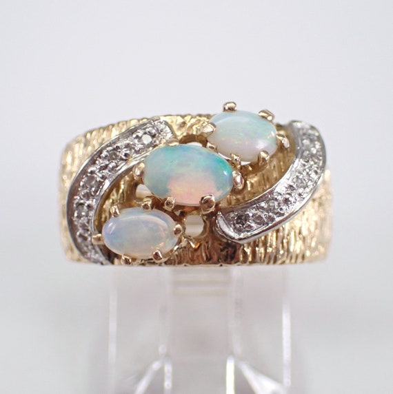 Antique 14K Yellow Gold Opal Ring - Unique Vintage Gemstone Band - Diamond set Accent Stone - GalaxyGems Estate Bridal Fine Jewelry